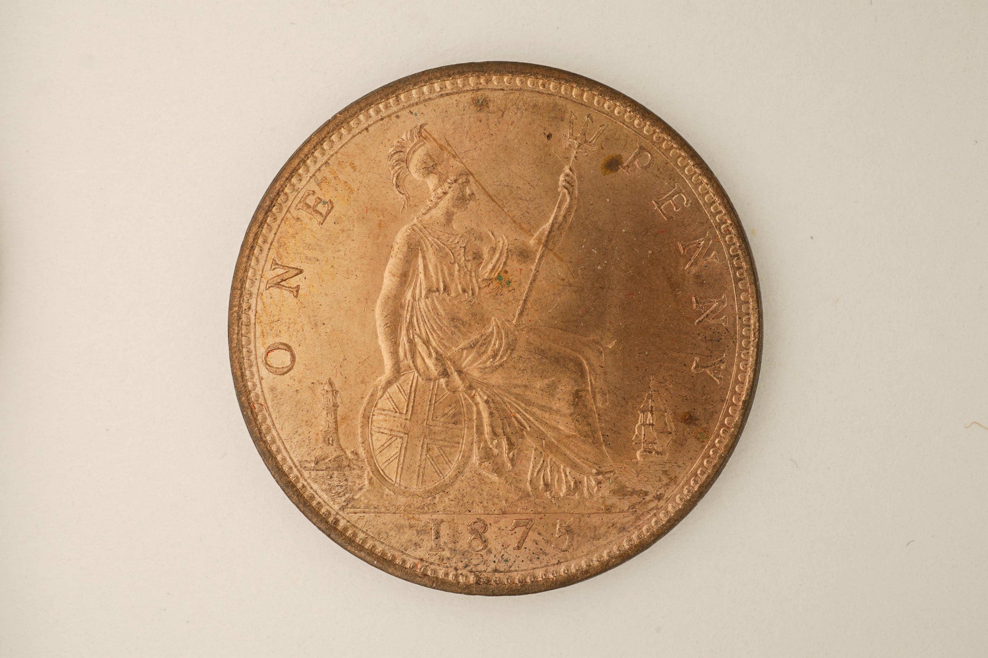 British coins, Victoria, two bronze pennies;, 1874, older head, small date, Fr. 72, Gouby dies K/j, about UNC, much lustre., 1875, Fr. 82, Gouby dies L/k, about UNC, much lustre.
